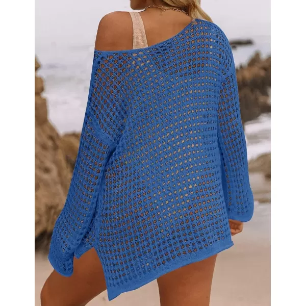 imageZESICA Womens 2023 Summer Crochet Hollow Out Long Sleeve Beach Bikini Swimsuit Mesh Cover Up Tunic TopBlue