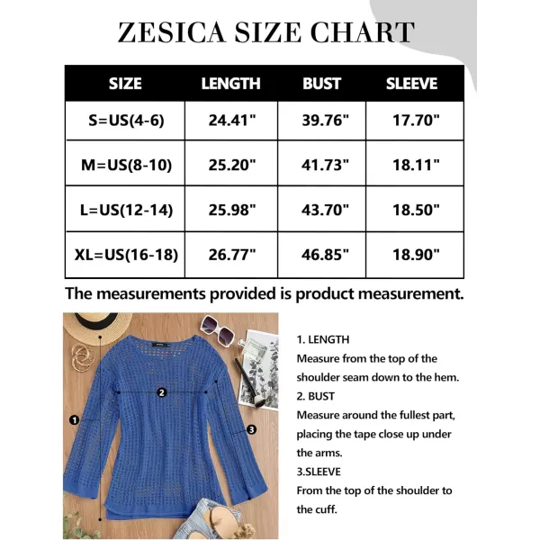 imageZESICA Womens 2023 Summer Crochet Hollow Out Long Sleeve Beach Bikini Swimsuit Mesh Cover Up Tunic TopBlue