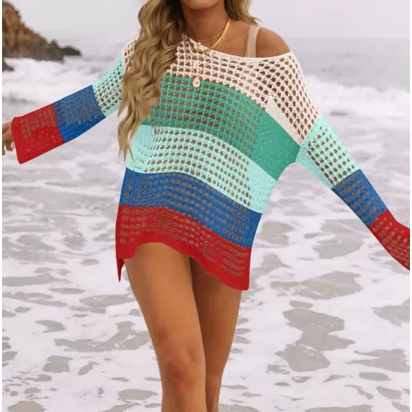 imageZESICA Womens 2023 Summer Crochet Hollow Out Long Sleeve Beach Bikini Swimsuit Mesh Cover Up Tunic TopBluegreen