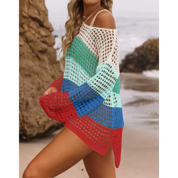 imageZESICA Womens 2023 Summer Crochet Hollow Out Long Sleeve Beach Bikini Swimsuit Mesh Cover Up Tunic TopBluegreen