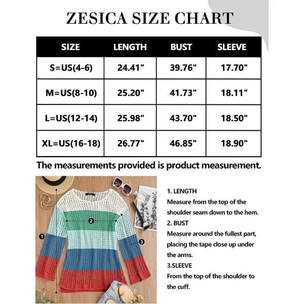 imageZESICA Womens 2023 Summer Crochet Hollow Out Long Sleeve Beach Bikini Swimsuit Mesh Cover Up Tunic TopBluegreen