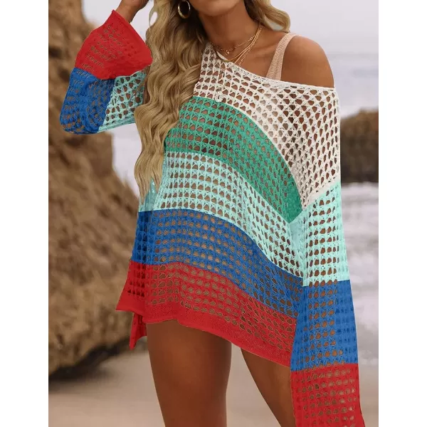 imageZESICA Womens 2023 Summer Crochet Hollow Out Long Sleeve Beach Bikini Swimsuit Mesh Cover Up Tunic TopBluegreen