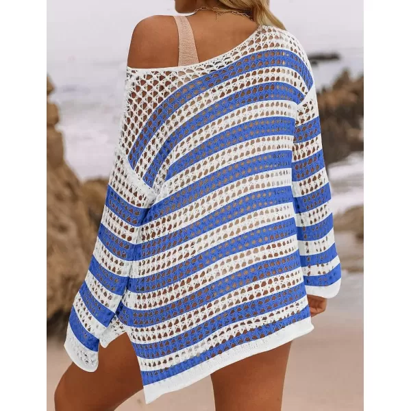 imageZESICA Womens 2023 Summer Crochet Hollow Out Long Sleeve Beach Bikini Swimsuit Mesh Cover Up Tunic TopCobalt