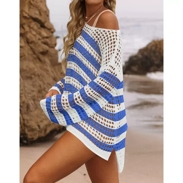 imageZESICA Womens 2023 Summer Crochet Hollow Out Long Sleeve Beach Bikini Swimsuit Mesh Cover Up Tunic TopCobalt