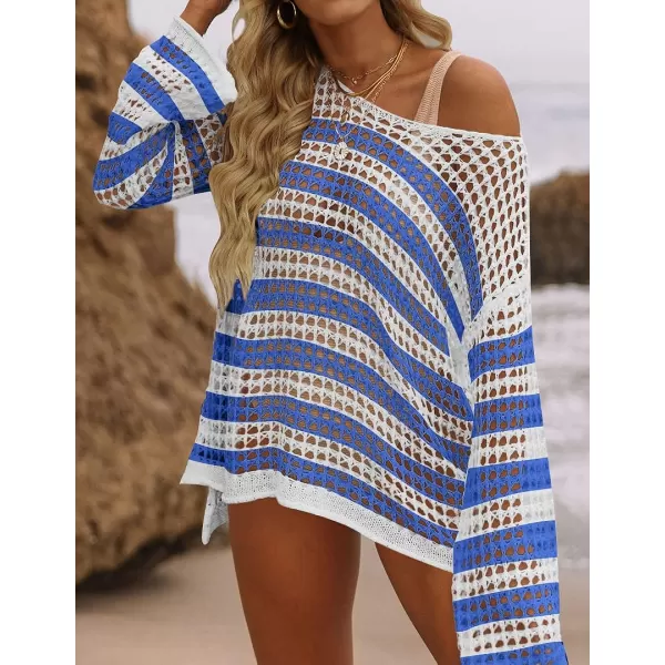 imageZESICA Womens 2023 Summer Crochet Hollow Out Long Sleeve Beach Bikini Swimsuit Mesh Cover Up Tunic TopCobalt