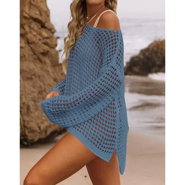 imageZESICA Womens 2023 Summer Crochet Hollow Out Long Sleeve Beach Bikini Swimsuit Mesh Cover Up Tunic TopDustyblue