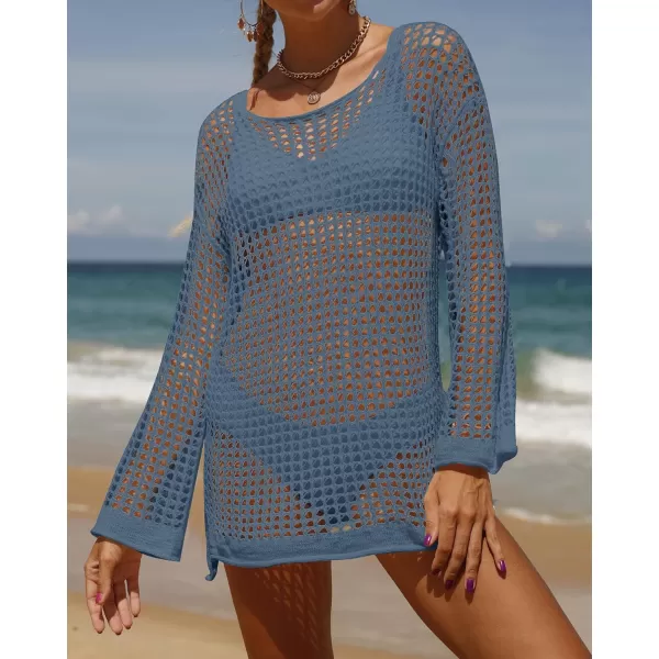 imageZESICA Womens 2023 Summer Crochet Hollow Out Long Sleeve Beach Bikini Swimsuit Mesh Cover Up Tunic TopDustyblue