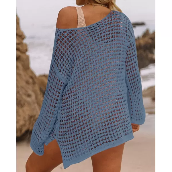 imageZESICA Womens 2023 Summer Crochet Hollow Out Long Sleeve Beach Bikini Swimsuit Mesh Cover Up Tunic TopDustyblue
