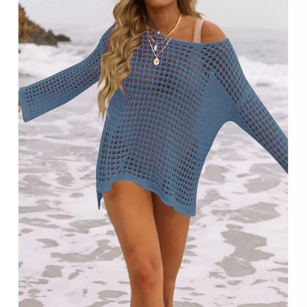 imageZESICA Womens 2023 Summer Crochet Hollow Out Long Sleeve Beach Bikini Swimsuit Mesh Cover Up Tunic TopDustyblue