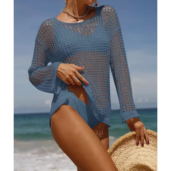 imageZESICA Womens 2023 Summer Crochet Hollow Out Long Sleeve Beach Bikini Swimsuit Mesh Cover Up Tunic TopDustyblue