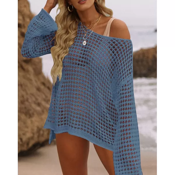 imageZESICA Womens 2023 Summer Crochet Hollow Out Long Sleeve Beach Bikini Swimsuit Mesh Cover Up Tunic TopDustyblue