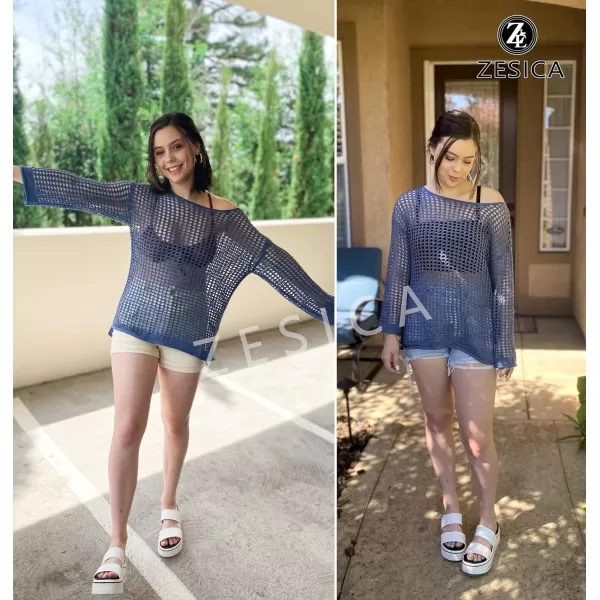 imageZESICA Womens 2023 Summer Crochet Hollow Out Long Sleeve Beach Bikini Swimsuit Mesh Cover Up Tunic TopDustyblue