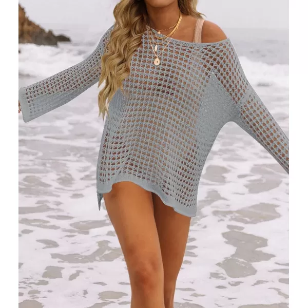 imageZESICA Womens 2023 Summer Crochet Hollow Out Long Sleeve Beach Bikini Swimsuit Mesh Cover Up Tunic TopGrey