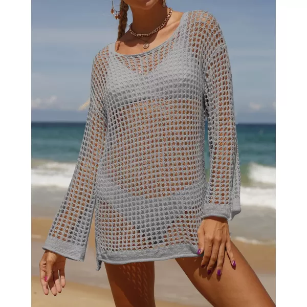 imageZESICA Womens 2023 Summer Crochet Hollow Out Long Sleeve Beach Bikini Swimsuit Mesh Cover Up Tunic TopGrey