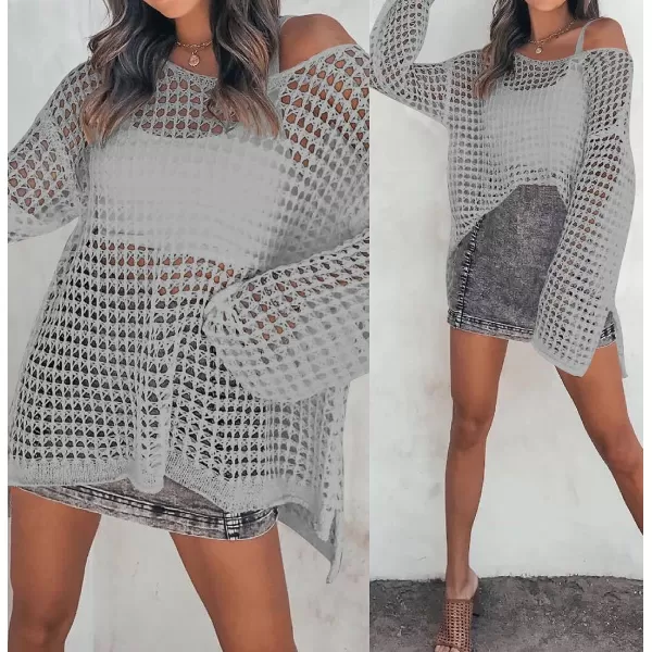 imageZESICA Womens 2023 Summer Crochet Hollow Out Long Sleeve Beach Bikini Swimsuit Mesh Cover Up Tunic TopGrey