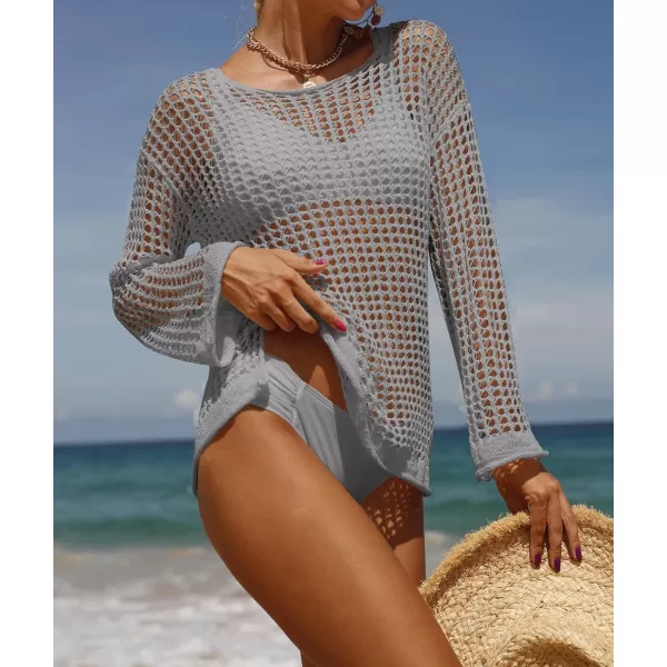 imageZESICA Womens 2023 Summer Crochet Hollow Out Long Sleeve Beach Bikini Swimsuit Mesh Cover Up Tunic TopGrey