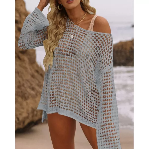 imageZESICA Womens 2023 Summer Crochet Hollow Out Long Sleeve Beach Bikini Swimsuit Mesh Cover Up Tunic TopGrey