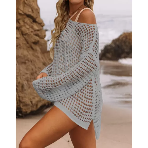 imageZESICA Womens 2023 Summer Crochet Hollow Out Long Sleeve Beach Bikini Swimsuit Mesh Cover Up Tunic TopGrey