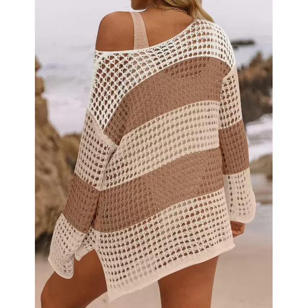imageZESICA Womens 2023 Summer Crochet Hollow Out Long Sleeve Beach Bikini Swimsuit Mesh Cover Up Tunic TopKhaki