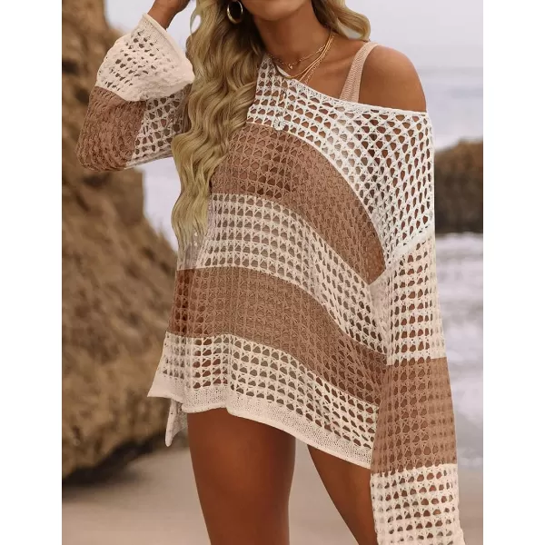 imageZESICA Womens 2023 Summer Crochet Hollow Out Long Sleeve Beach Bikini Swimsuit Mesh Cover Up Tunic TopKhaki
