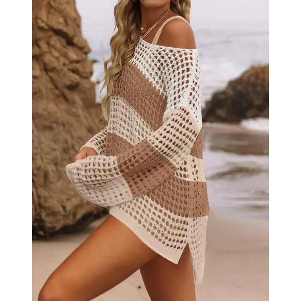imageZESICA Womens 2023 Summer Crochet Hollow Out Long Sleeve Beach Bikini Swimsuit Mesh Cover Up Tunic TopKhaki