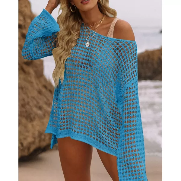 imageZESICA Womens 2023 Summer Crochet Hollow Out Long Sleeve Beach Bikini Swimsuit Mesh Cover Up Tunic TopLakeblue