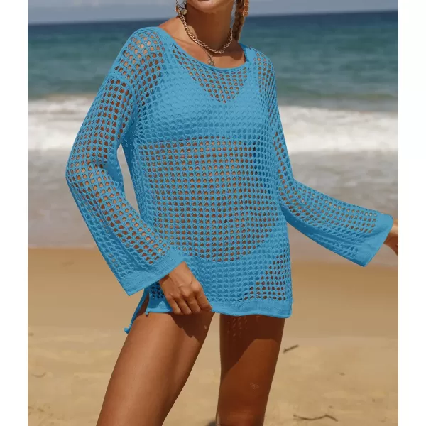 imageZESICA Womens 2023 Summer Crochet Hollow Out Long Sleeve Beach Bikini Swimsuit Mesh Cover Up Tunic TopLakeblue
