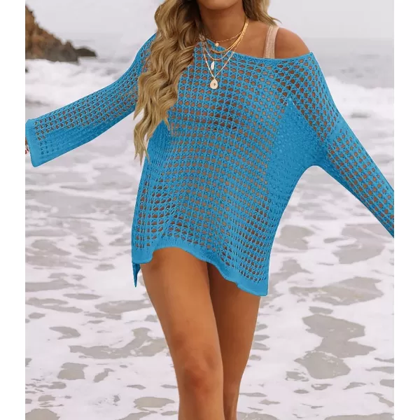 imageZESICA Womens 2023 Summer Crochet Hollow Out Long Sleeve Beach Bikini Swimsuit Mesh Cover Up Tunic TopLakeblue