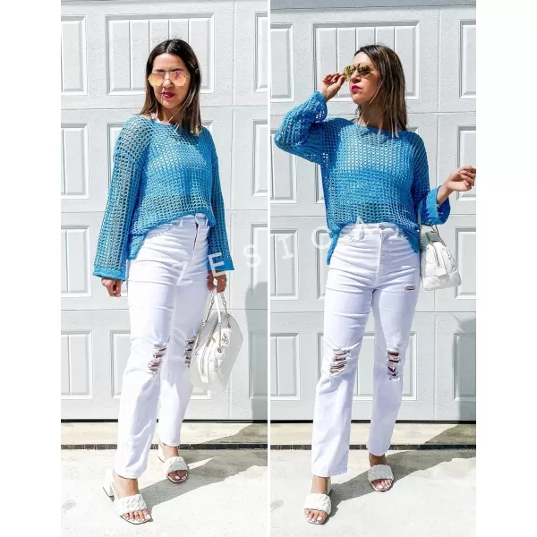 imageZESICA Womens 2023 Summer Crochet Hollow Out Long Sleeve Beach Bikini Swimsuit Mesh Cover Up Tunic TopLakeblue