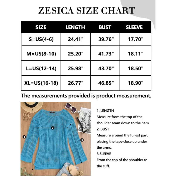 imageZESICA Womens 2023 Summer Crochet Hollow Out Long Sleeve Beach Bikini Swimsuit Mesh Cover Up Tunic TopLakeblue
