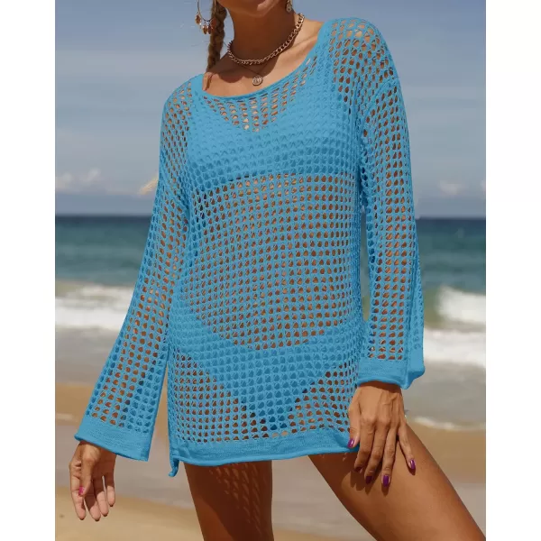 imageZESICA Womens 2023 Summer Crochet Hollow Out Long Sleeve Beach Bikini Swimsuit Mesh Cover Up Tunic TopLakeblue