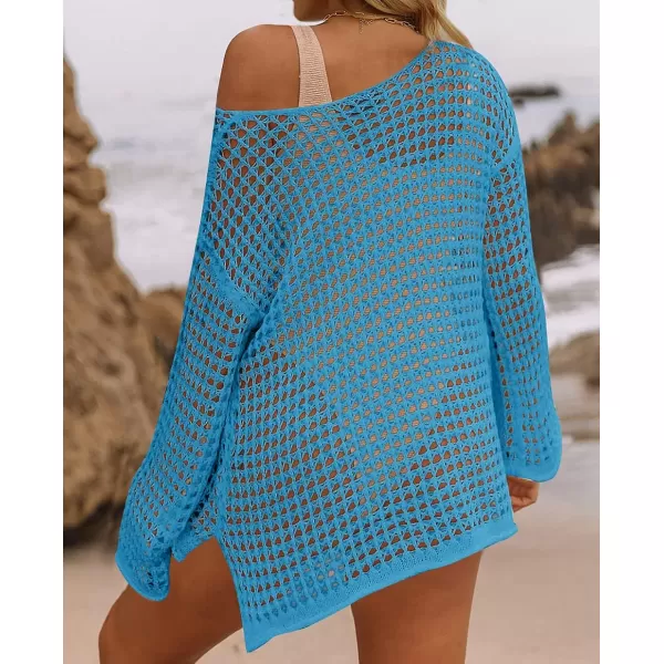 imageZESICA Womens 2023 Summer Crochet Hollow Out Long Sleeve Beach Bikini Swimsuit Mesh Cover Up Tunic TopLakeblue