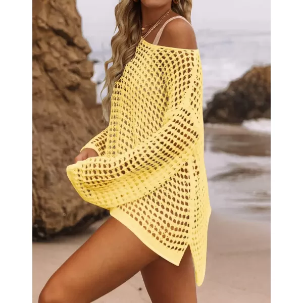 imageZESICA Womens 2023 Summer Crochet Hollow Out Long Sleeve Beach Bikini Swimsuit Mesh Cover Up Tunic TopLightyellow