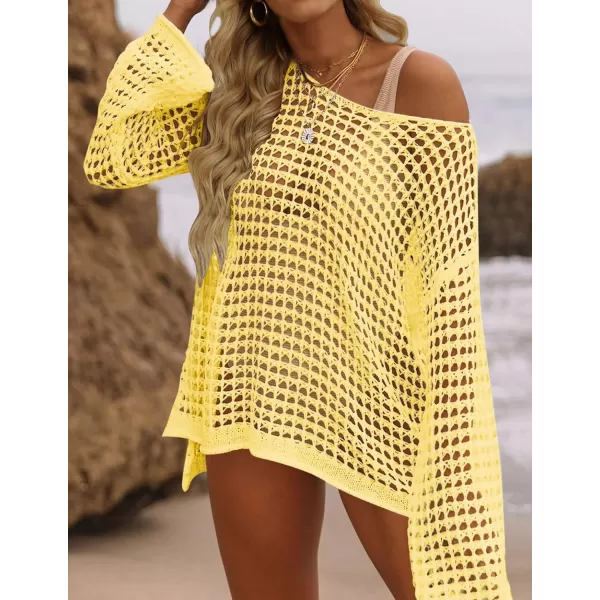 imageZESICA Womens 2023 Summer Crochet Hollow Out Long Sleeve Beach Bikini Swimsuit Mesh Cover Up Tunic TopLightyellow
