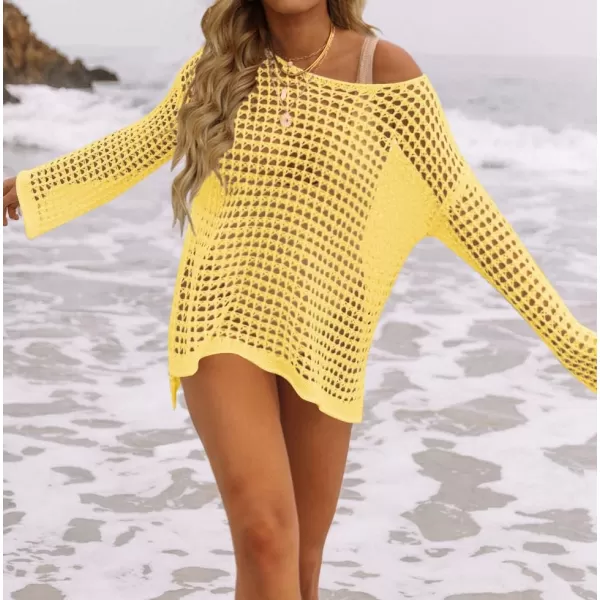imageZESICA Womens 2023 Summer Crochet Hollow Out Long Sleeve Beach Bikini Swimsuit Mesh Cover Up Tunic TopLightyellow