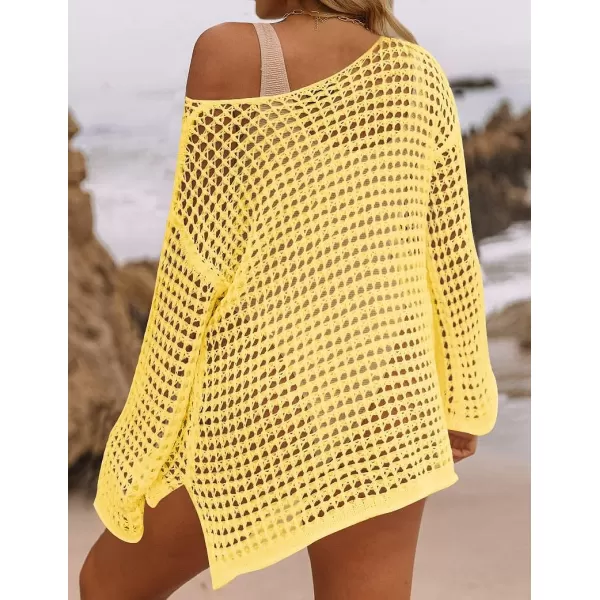 imageZESICA Womens 2023 Summer Crochet Hollow Out Long Sleeve Beach Bikini Swimsuit Mesh Cover Up Tunic TopLightyellow