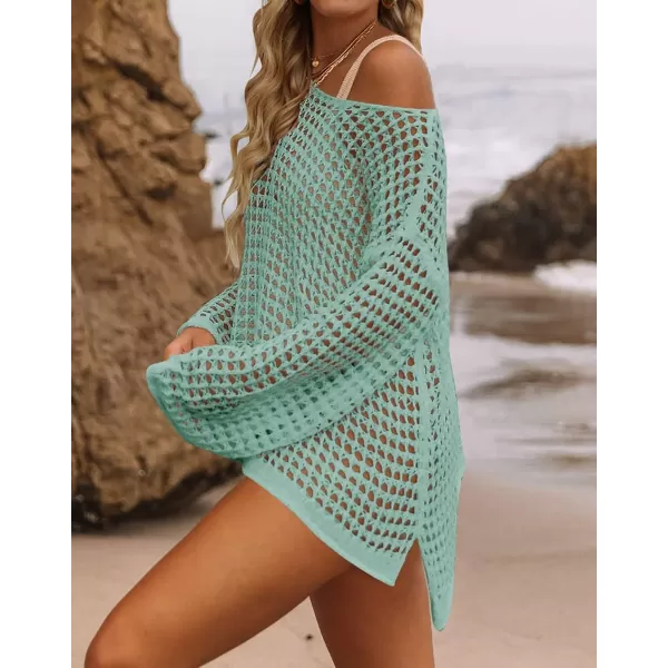 imageZESICA Womens 2023 Summer Crochet Hollow Out Long Sleeve Beach Bikini Swimsuit Mesh Cover Up Tunic TopMint