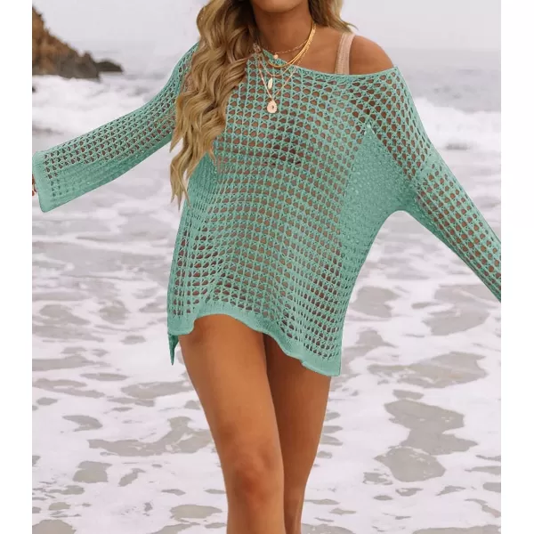 imageZESICA Womens 2023 Summer Crochet Hollow Out Long Sleeve Beach Bikini Swimsuit Mesh Cover Up Tunic TopMint