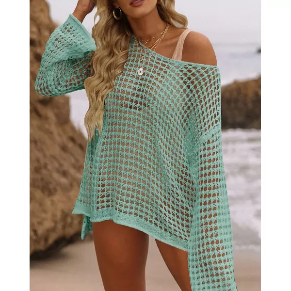 imageZESICA Womens 2023 Summer Crochet Hollow Out Long Sleeve Beach Bikini Swimsuit Mesh Cover Up Tunic TopMint