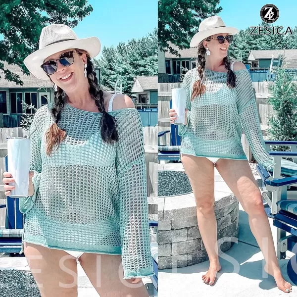 imageZESICA Womens 2023 Summer Crochet Hollow Out Long Sleeve Beach Bikini Swimsuit Mesh Cover Up Tunic TopMint