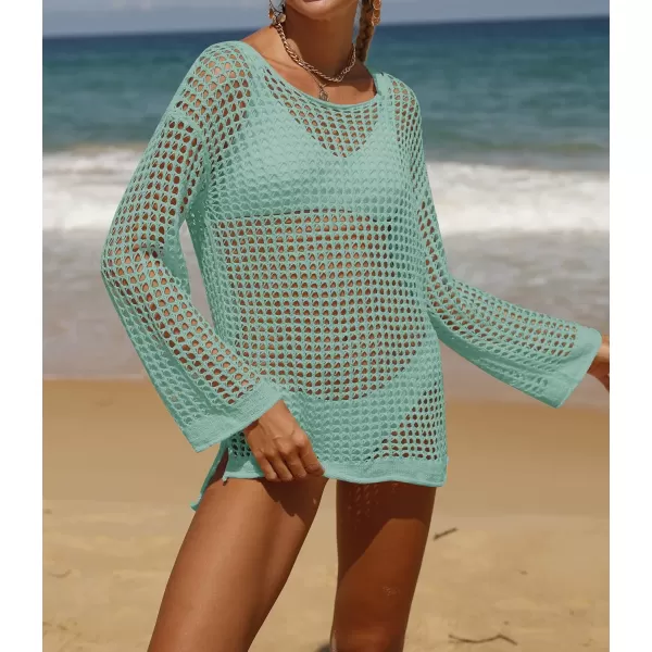 imageZESICA Womens 2023 Summer Crochet Hollow Out Long Sleeve Beach Bikini Swimsuit Mesh Cover Up Tunic TopMint