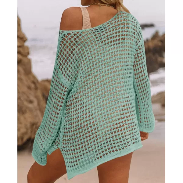 imageZESICA Womens 2023 Summer Crochet Hollow Out Long Sleeve Beach Bikini Swimsuit Mesh Cover Up Tunic TopMint