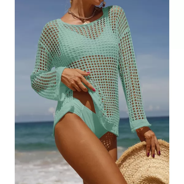 imageZESICA Womens 2023 Summer Crochet Hollow Out Long Sleeve Beach Bikini Swimsuit Mesh Cover Up Tunic TopMint