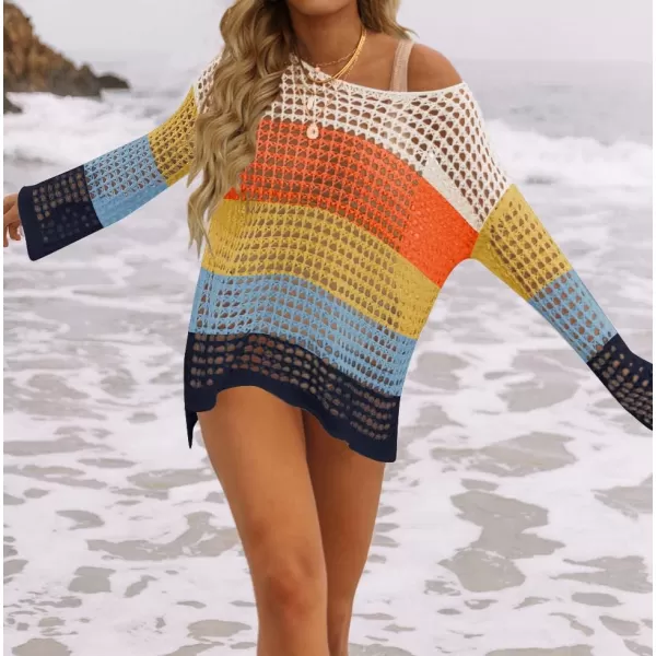 imageZESICA Womens 2023 Summer Crochet Hollow Out Long Sleeve Beach Bikini Swimsuit Mesh Cover Up Tunic TopNavy