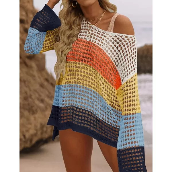 imageZESICA Womens 2023 Summer Crochet Hollow Out Long Sleeve Beach Bikini Swimsuit Mesh Cover Up Tunic TopNavy