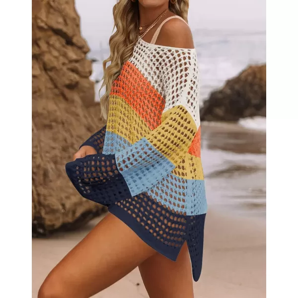 imageZESICA Womens 2023 Summer Crochet Hollow Out Long Sleeve Beach Bikini Swimsuit Mesh Cover Up Tunic TopNavy