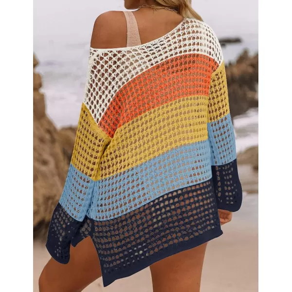imageZESICA Womens 2023 Summer Crochet Hollow Out Long Sleeve Beach Bikini Swimsuit Mesh Cover Up Tunic TopNavy