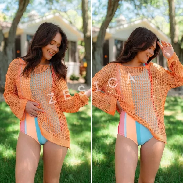 imageZESICA Womens 2023 Summer Crochet Hollow Out Long Sleeve Beach Bikini Swimsuit Mesh Cover Up Tunic TopOrange