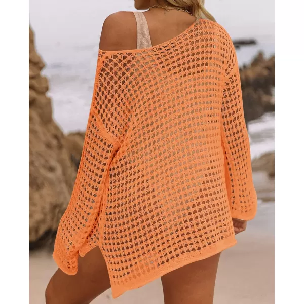 imageZESICA Womens 2023 Summer Crochet Hollow Out Long Sleeve Beach Bikini Swimsuit Mesh Cover Up Tunic TopOrange