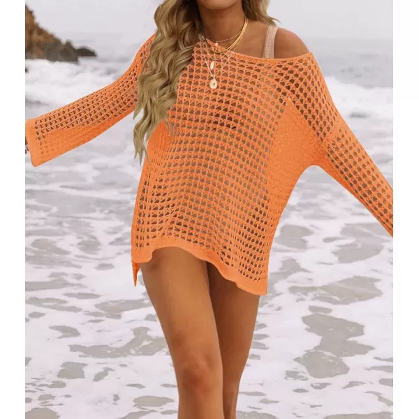 imageZESICA Womens 2023 Summer Crochet Hollow Out Long Sleeve Beach Bikini Swimsuit Mesh Cover Up Tunic TopOrange